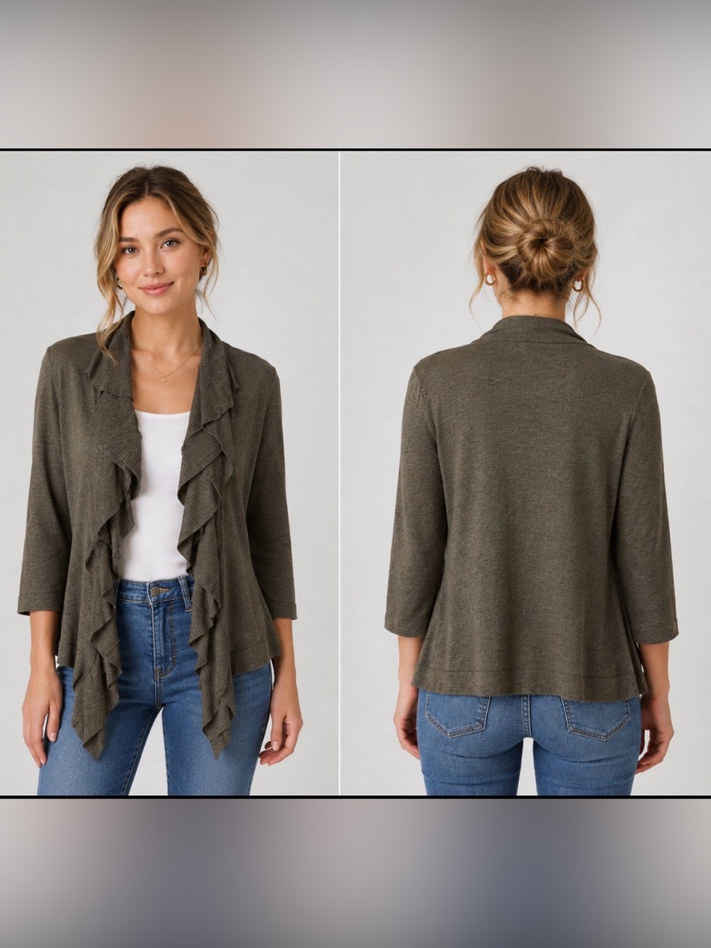 89th & Madison large gray open ruffle sweater